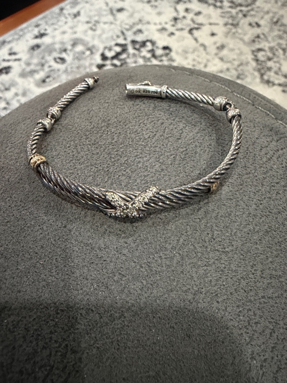 David Yurman Silver Cable Bracelet with Gold Accents and Pavé diamonds knot